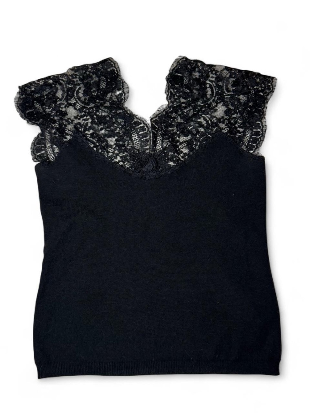 Georges Rech elegant Black lace trim going out tank top merino wool Size 2🔹